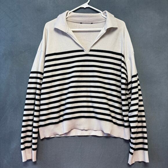 Cropped Striped Collared Pullover Sweater Beige Black Women’s Top Preppy Casual - Picture 1 of 9